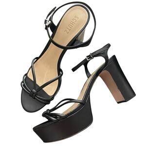 SCHUTZ 10 Platform Heels Block Heel Pumps Strappy Black Leather Sandals